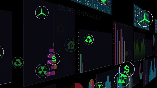 Close camera starting right pan data wall showing charts neon icons drifting linking energy funds