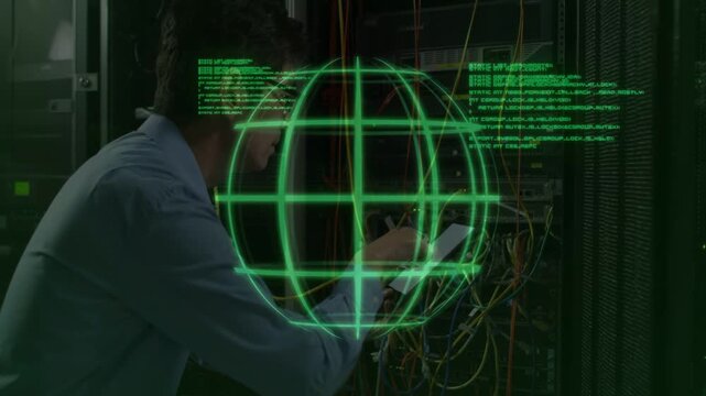 Green globe appearing, Korean technician scanning notes and adjusting cables, troubleshooting