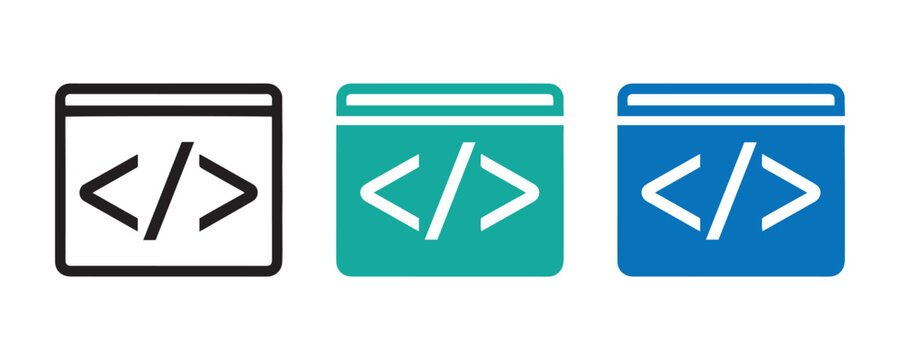 Code Window Icons Set with Programming Symbols in Minimal Line and Solid Style Vector Illustration