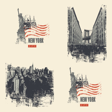 Vector seamless pattern on urban and street art theme with Statue of Liberty, Manhattan Bridge in New York, city buildings and american flag in grunge style. Wallpaper, fabric, t-shirt design, travel 