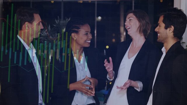 Mid adult woman starting business data talk, team listening, laughing while bars overlaying window