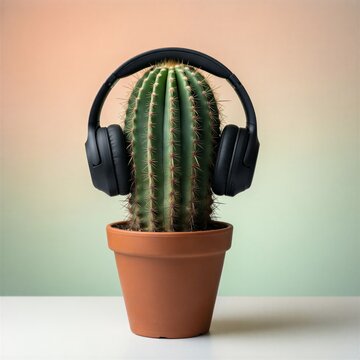 Cactus Wearing Over Ear Headphones on Pastel Background for Creative Design
