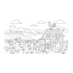 Obraz premium Black and white line drawing of chickens in a farmyard setting with agriculture
