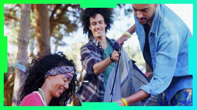 Campers assembling tent for camping, overlay clearing revealing, graphics guiding pole alignment
