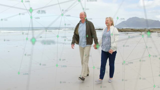 Senior couple walking beach, closing gap, holding hands as net fading with nodes, % tracking health