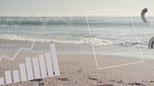 Vertical video: HUD overlay appearing after ANALYSING prompt, sliding panels visualizing beach data