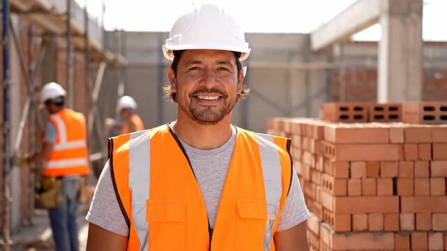 Happy adult hispanic builder smiling confidently at a construction site. Professional male engineer or foreman wearing a hard hat and safety vest for a building project