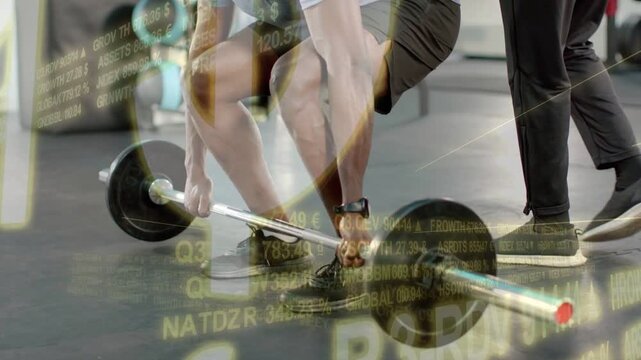 Lifter gripping bar and deadlifting in gym, trainer watching, overlay tracking form for strength