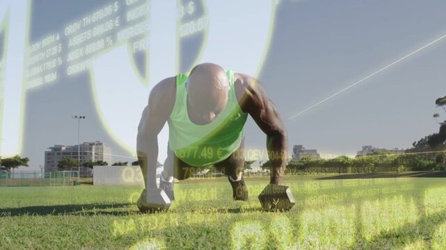 Trainer starting plank on DBs on grass, lowering pushup 1arm row, building fitness, HUD overlaying