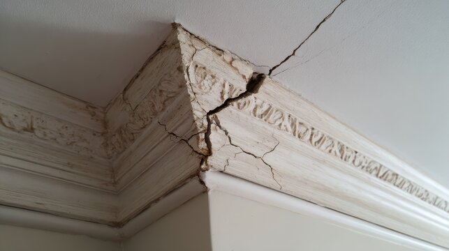 Stunning photo of ceiling crack in interior corner where wall and ceiling meet with crown molding detail. Possible settling or structural issue.