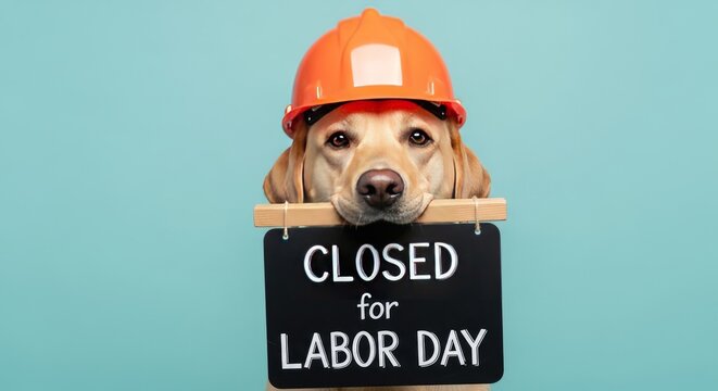 Celebrating labor day adorable dog with construction hat and 'closed' sign for the holiday