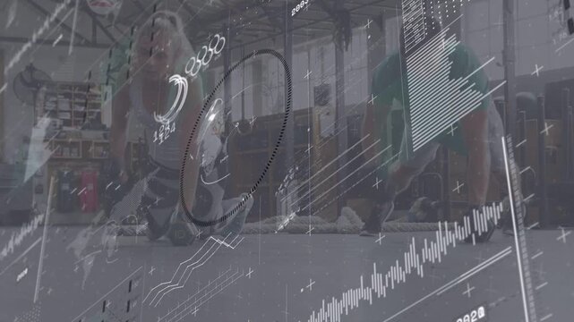 Vertical video: Gym pair starting plank switching rows and pushups with DBs HUD tracking strength