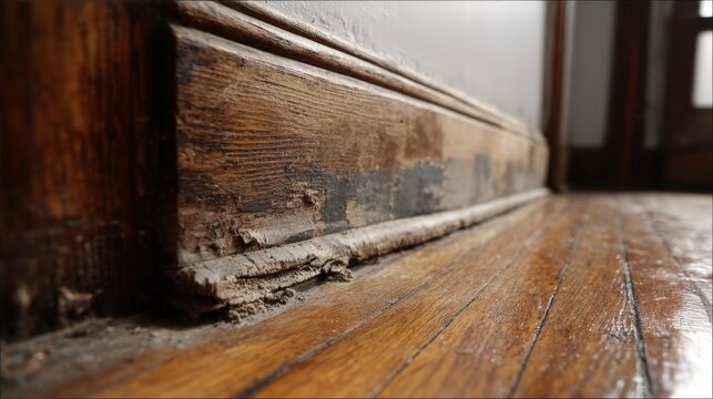 Stunning photo of close-up of damaged wood and trim, possibly due to termites or water damage. The floor has a shiny finish and is a warm color. The baseboard is light and the.