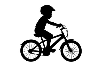 Fototapeta premium Child Riding Bicycle Vector Silhouette Little Boy Biking with Helmet Icon