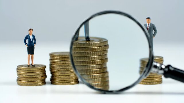 Miniature businessman earns more than a businesswoman on stacks of coins. A magnifying glass analyzes the gender pay gap and income inequality. Financial discrimination concept