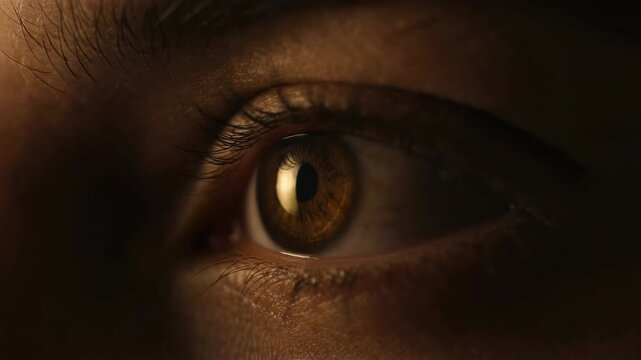 Macro sequence of a human brown eye with dramatic cinematic lighting. An intense gaze looking sideways showing focus. Concept of vision and human perception