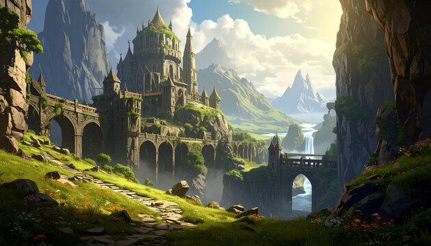 Fantasy castle on a mountainous landscape