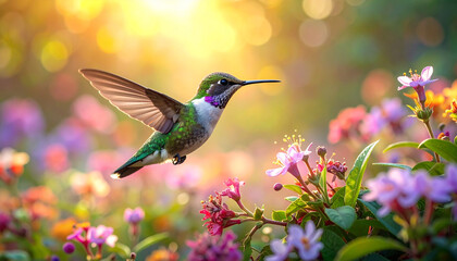 Fototapeta premium Hummingbird in flight near blossoming flowers