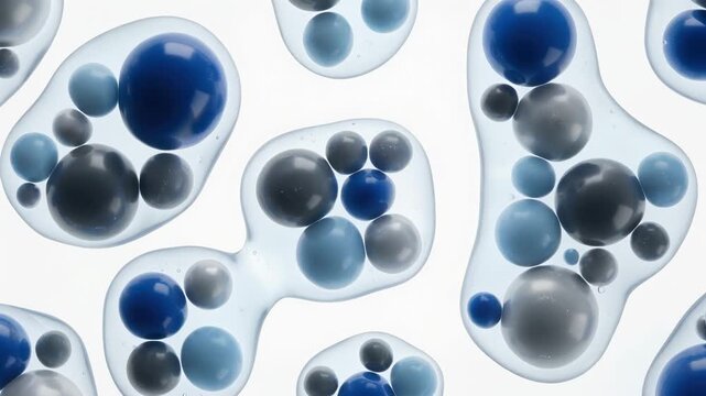Abstract scientific background with blue and grey spheres encapsulated in a transparent liquid. Microscopic view of molecular structure or cellular division process