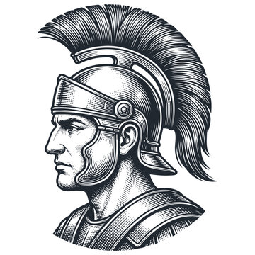 Vintage monochrome vector portrait of an ancient warrior in crested helmet and armor, heroic roman soldier profile for emblem, logo or tattoo design