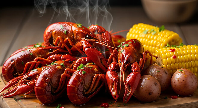 Steaming hot crawfish boil served with golden corn on the cob and tender potatoes on a rustic wooden table, a delicious southern seafood feast ready to be enjoyed