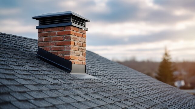 Stunning photo of roof ventilation box on black asphalt shingles. Attic vent system on pitched rooftop near brick chimney. Home exterior details for house construction and.