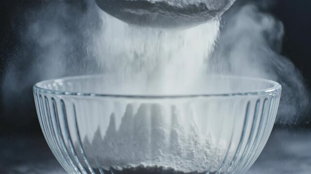 Flour sifting into a glass bowl for baking