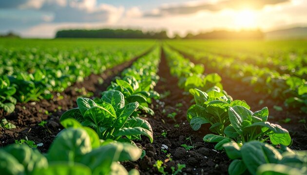 Green rows of spinach field at sunset