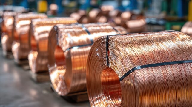 Stunning photo of shiny metal coils awaiting distribution and use in manufacturing, shown lined up and secured in preparation for transport, copper tones.