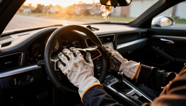 Driver wearing winter gloves adjusting steering wheel in modern car interior at sunrise
