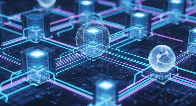 Abstract futuristic digital network infrastructure with glowing blue server nodes and circuit board connections