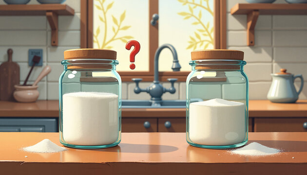 Two jars filled with white powder on kitchen counter, one jar labeled with a question mark. Concept of ingredient identification and cooking choices. Useful for food blogs and culinary discussions.