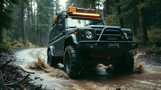 Old Military Jeep Driving On Muddy Winter Road

