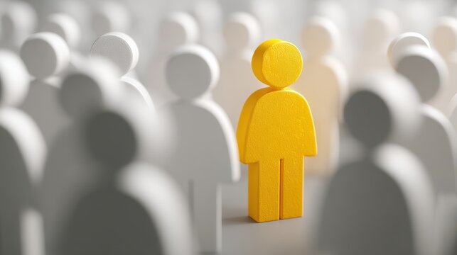 Stunning photo of unique yellow human figure stands out from a crowd of generic white figures, symbolizing individuality, diversity, leadership, and recognition.
