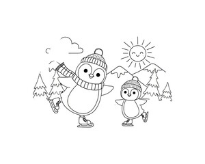 Naklejka premium Two penguins ice skating together with a smiling sun and snowy mountains in the background