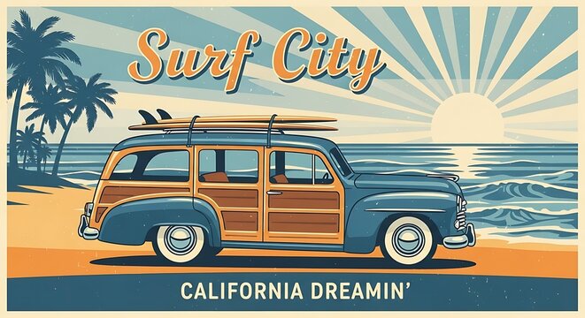 Vintage surf car on beach California.
