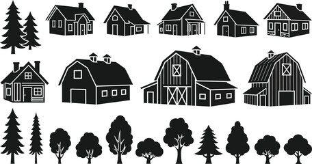 Collection of stylized illustrations featuring houses and trees in a rustic design theme Vector © MDIMRAN