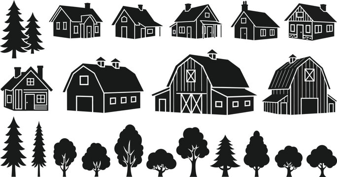 Collection of stylized illustrations featuring houses and trees in a rustic design theme Vector