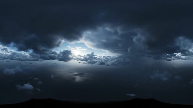 A 360 degree view of an epic cloudscape with dark storm clouds and a bright sunlit sky. Panoramic weather background for virtual reality or immersive experiences