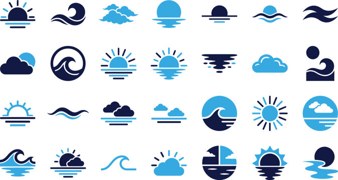 Summer water ocean weather icons vector set sun waves clouds moon boat.