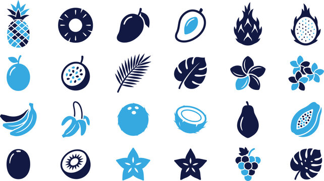 Tropical fruits and leaves icons set collection in blue and navy colors.