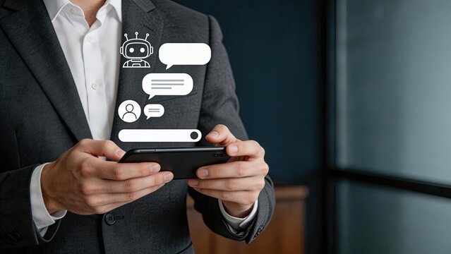 Businessman using smartphone with AI chatbot artificial intelligence concept digital assistant customer support virtual agent automation modern technology corporate communication