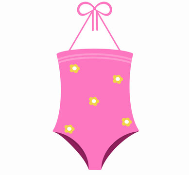 Pink one piece swimsuit with yellow flower pattern and halter neck