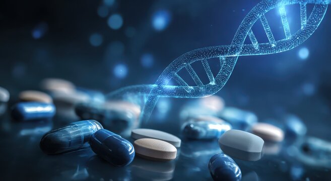 medical pills and capsules with a dna hologram in a laboratory background
