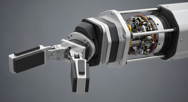 Close up of industrial robot arm gripper mechanism with exposed internal wiring and components.