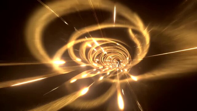Abstract tunnel of golden light swirls and streaks through a dark, unknown space