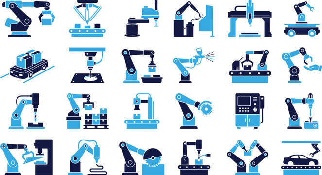 Industrial automation robot icons manufacturing equipment and factory machinery.