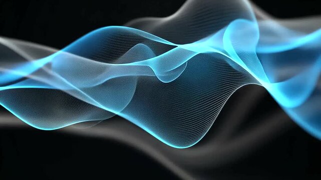 Abstract flowing blue and gray wave formed of small dots against a dark background