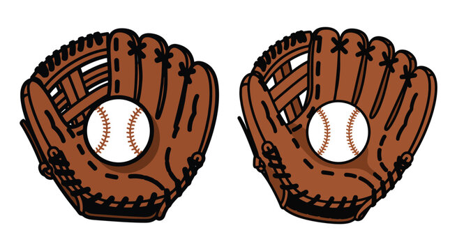 Two brown leather baseball mitts with white baseballs inside depicted in a flat cartoon vector illustration style