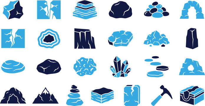 Geology rock icons set featuring various stone shapes minerals and geological formations.